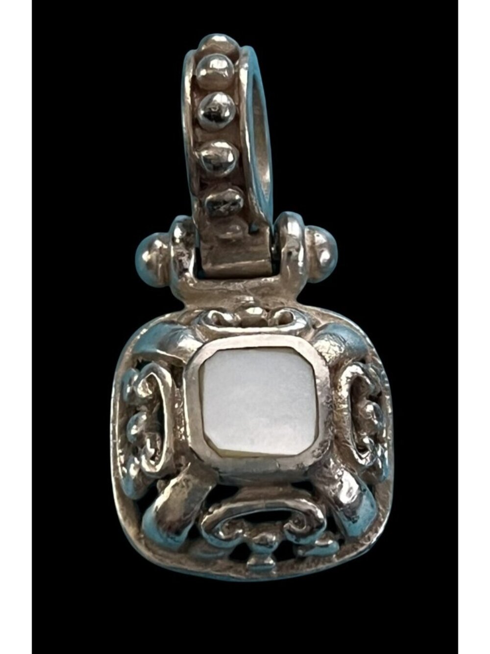 Vintage Sterling Silver Pendant With Intricate Openwork Design & Mother of Pearl